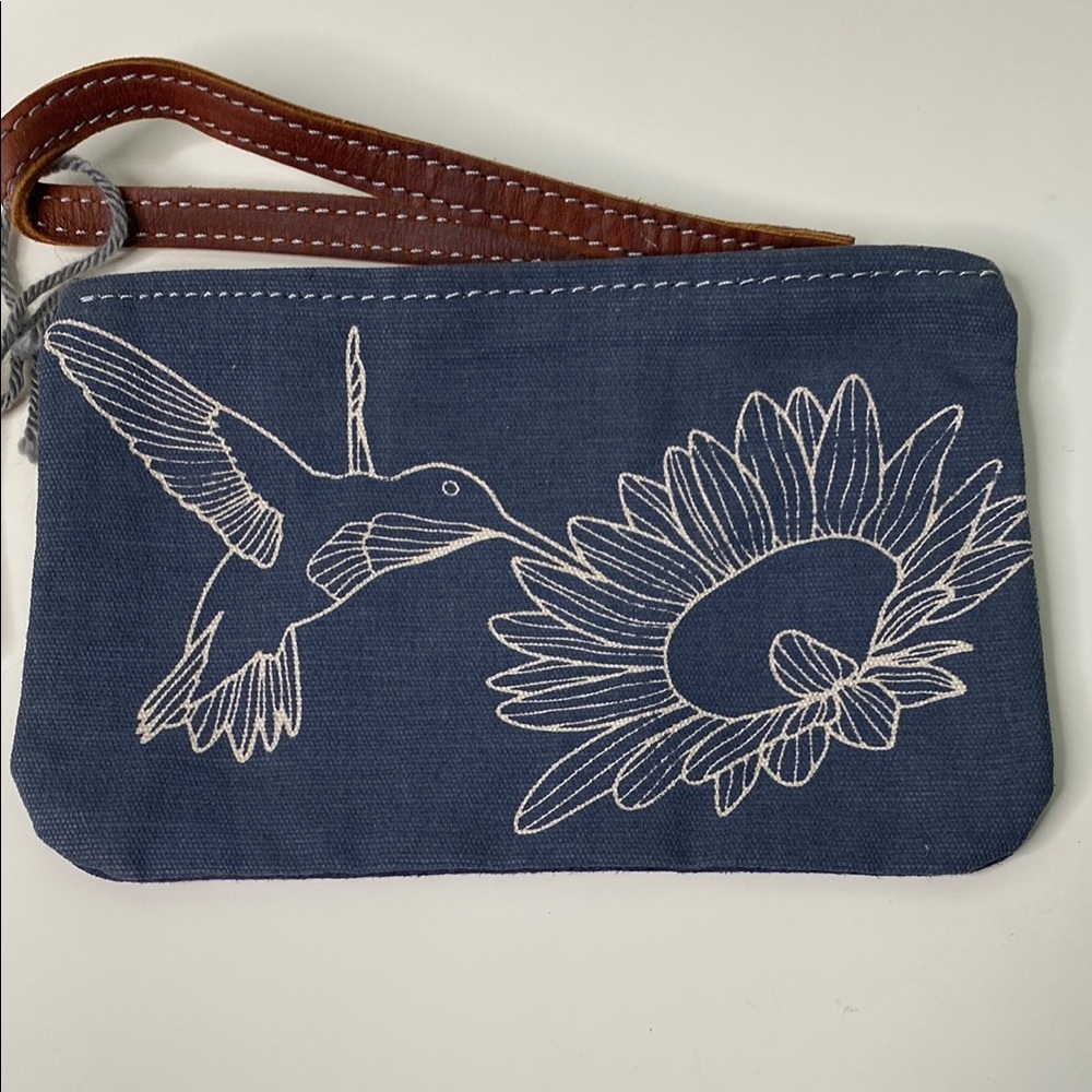Zambezi Joy‎ Society Blue Canvas, Suede, & Leather Wristlet with Hummingbird